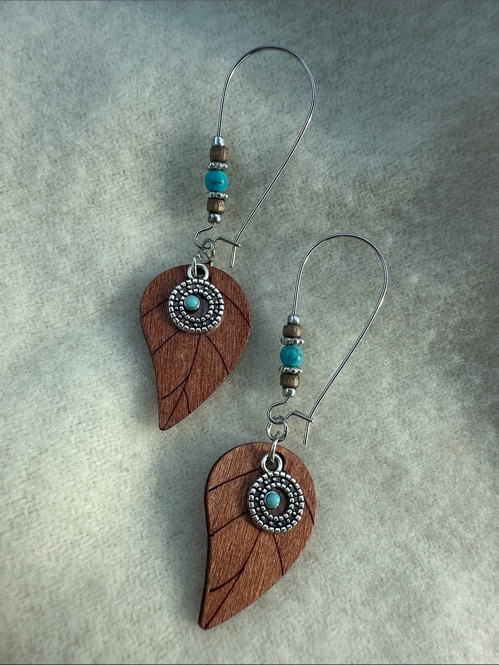 Handmade Dyed Turquoise Stone & Wood Leaf Dangle Earrings